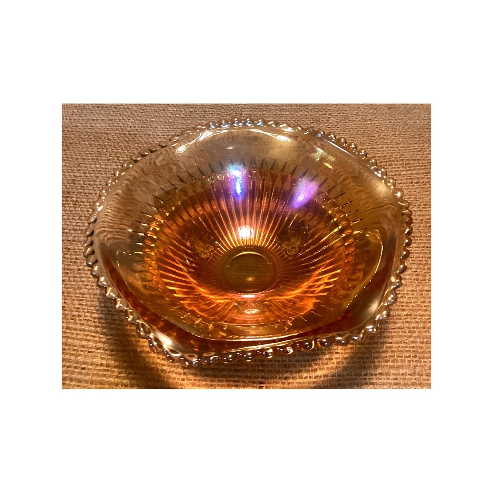 Jeannette Anniversary Iridescent Marigold Carnival Glass 3 Toed Dish 1965